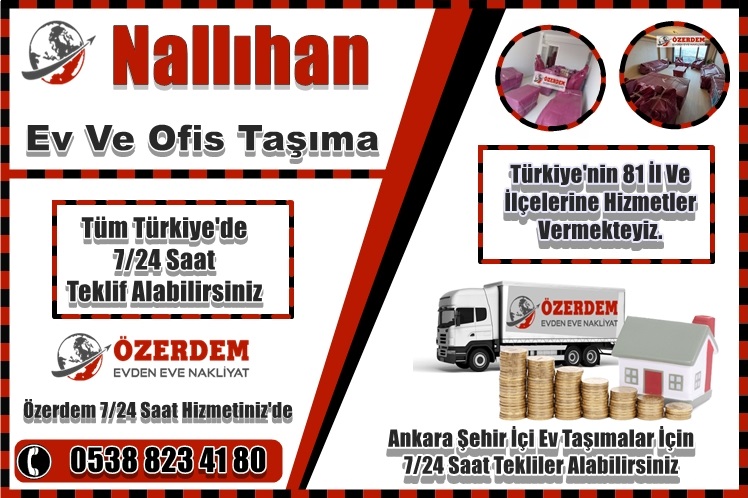 Ankara ilinin tüm ilçelerinin nakliyat hizmetlerini profesyonel olarak karşılamaya hazır olan  Nallıhan Şehirler Arası Nakliyat hizmetleri Özerdem Nakliyat alanında deneyimli ekiple kaliteli hizmet vermektedir.